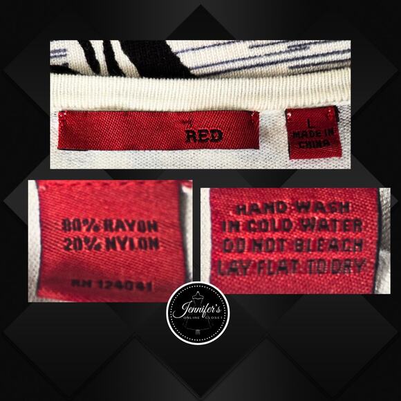 Red Faux Wrap Cream Black Gray Floral Swirl Pattern Short Sleeve Sweater Large - Picture 8 of 10